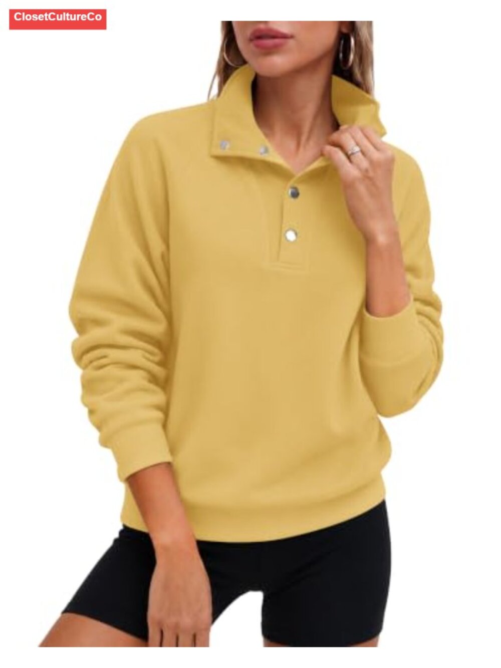 Women's Mock Neck Henley Sweatshirt Snap Button Relaxed Fit Long Sleeve